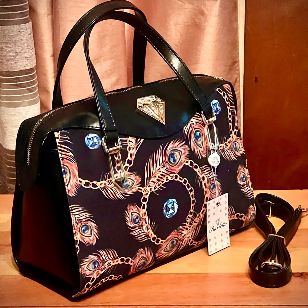New NWT ITALIAN FAUX LEATHER PEACOCK BLACK HANDBAG SHOULDER BAG WOMENS PURSE